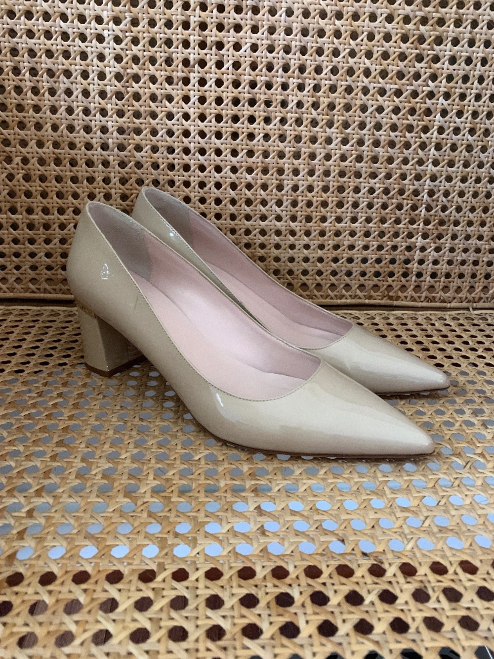 Kate Spade Nude Tan Patent Leather Pointed Toe Block Kitten Heels 8